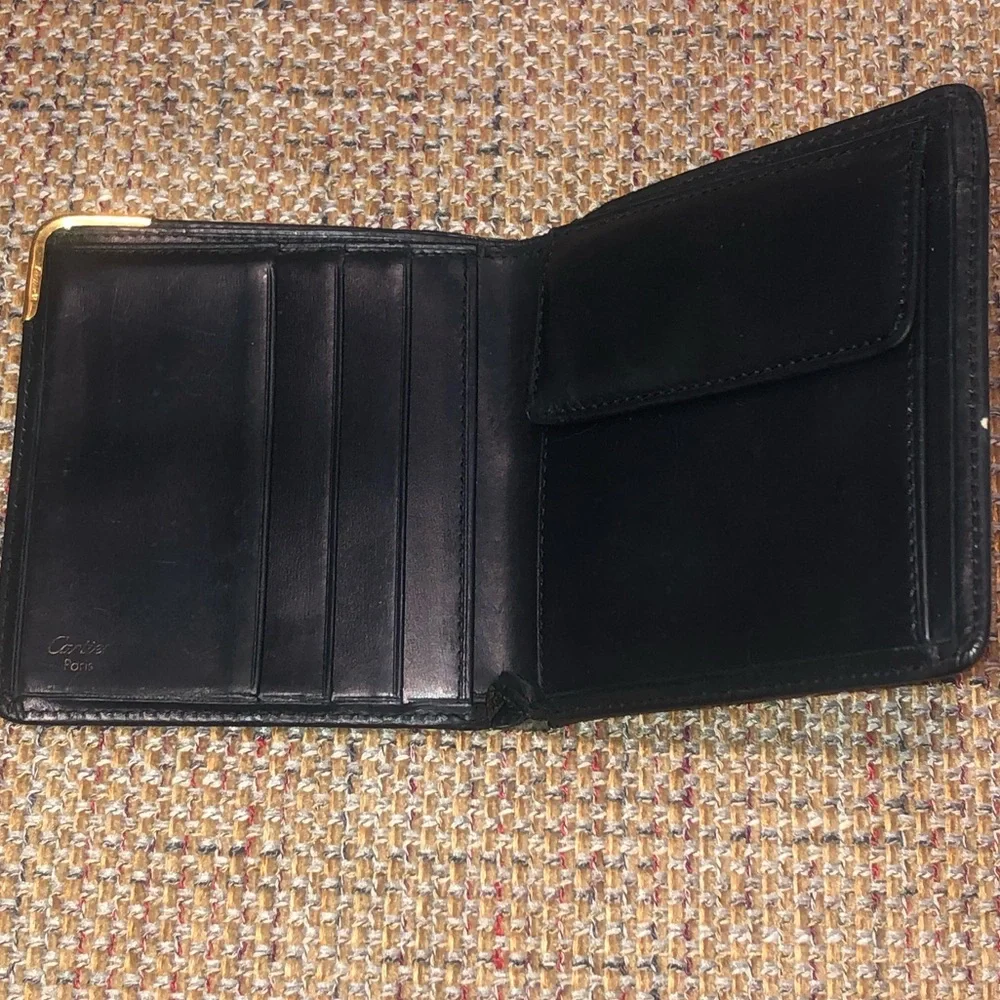 CARTIER Black Leather Sapphire Gold Bifold Wallet Coin Pocket Made In France